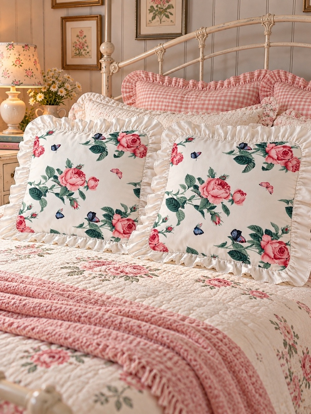 2 Vintage WestPoint Stevens Rose & Butterfly Ruffled Pillow Shams Pair